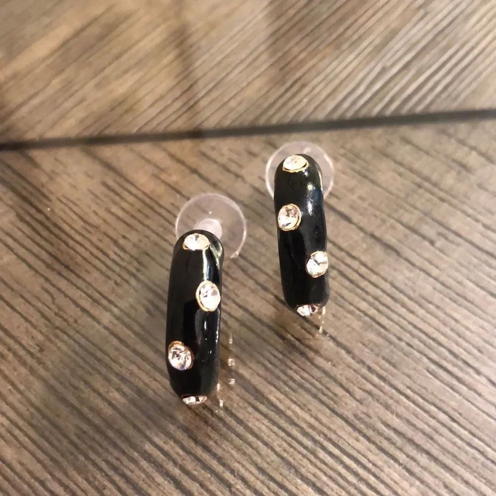 Vintage Black Enamel & Rhinestone Half Hoops